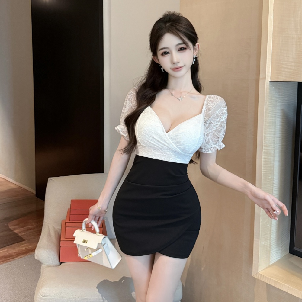 Short splice lace bottoming package hip sexy dress