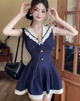France style navy collar T-back mixed colors dress for women