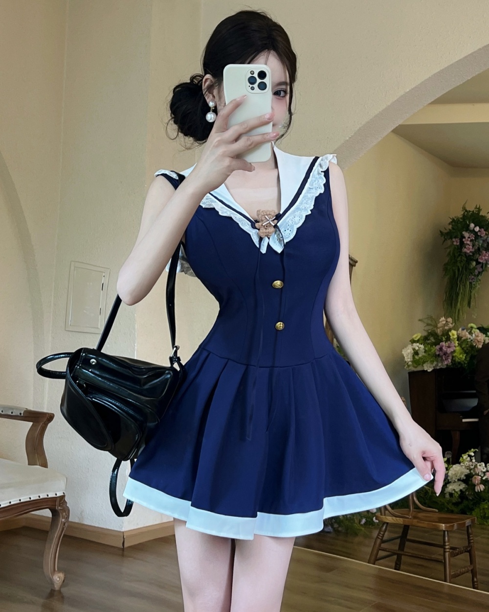 France style navy collar T-back mixed colors dress for women