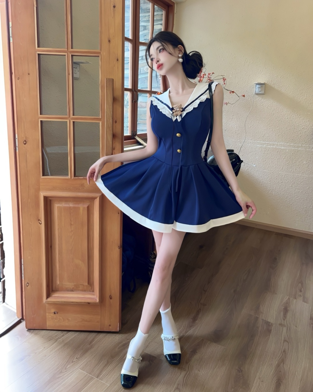 France style navy collar T-back mixed colors dress for women