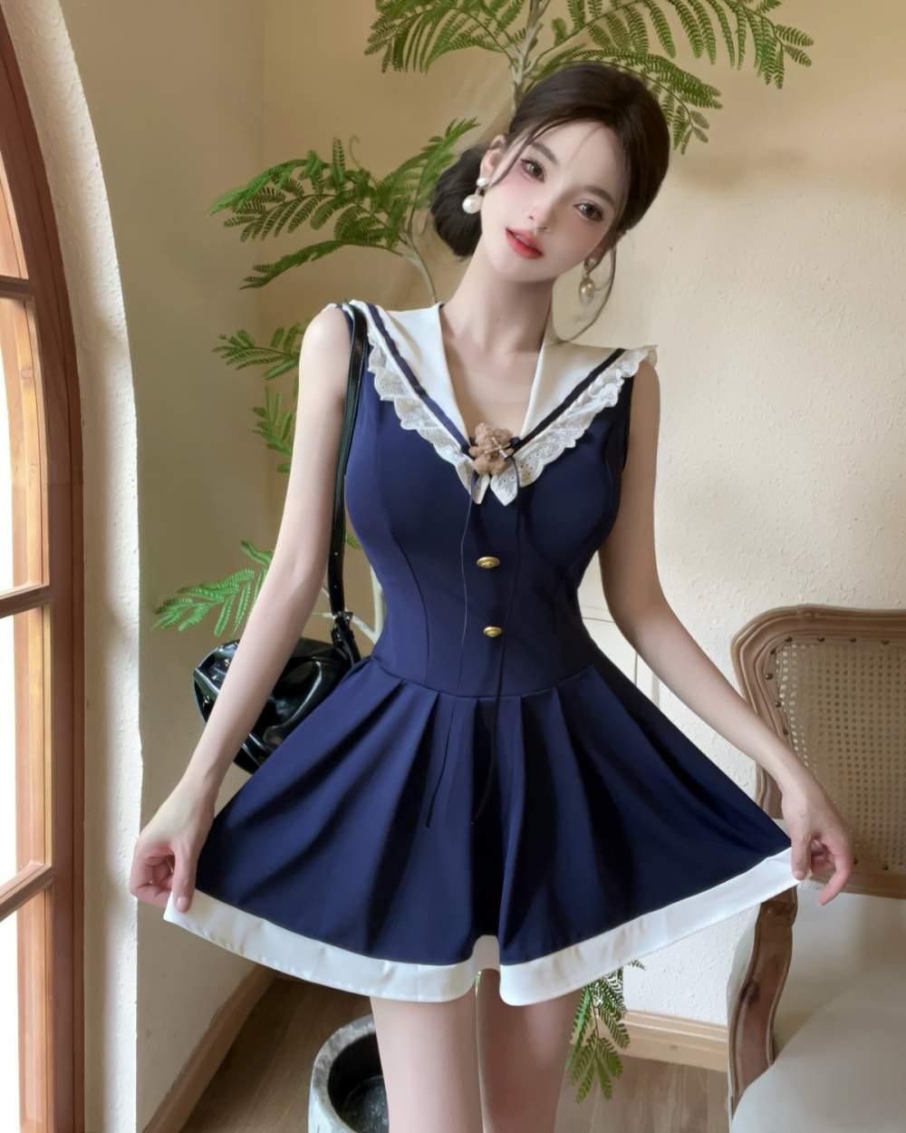 France style navy collar T-back mixed colors dress for women