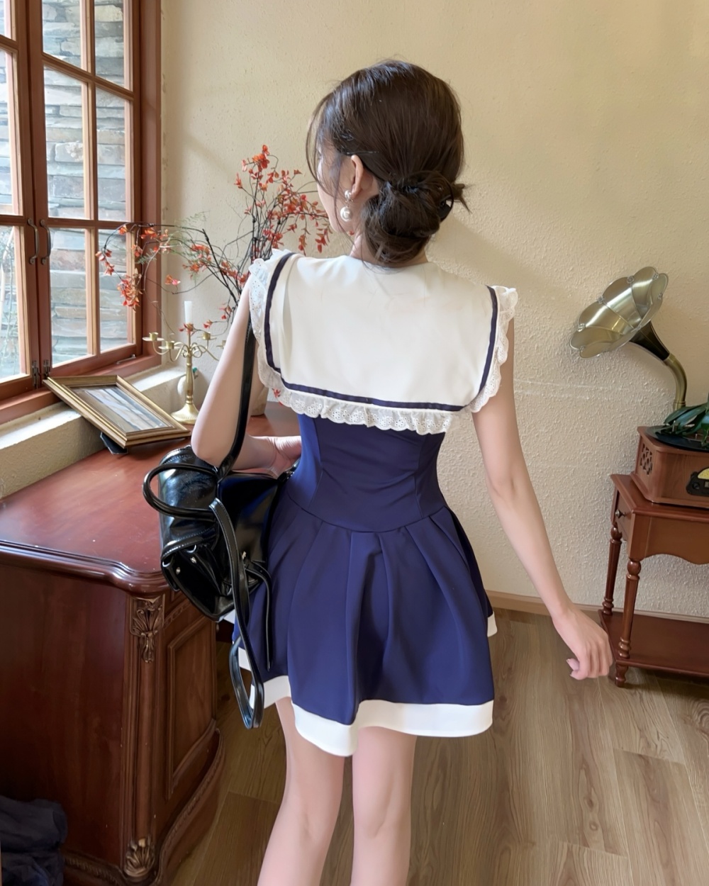 France style navy collar T-back mixed colors dress for women