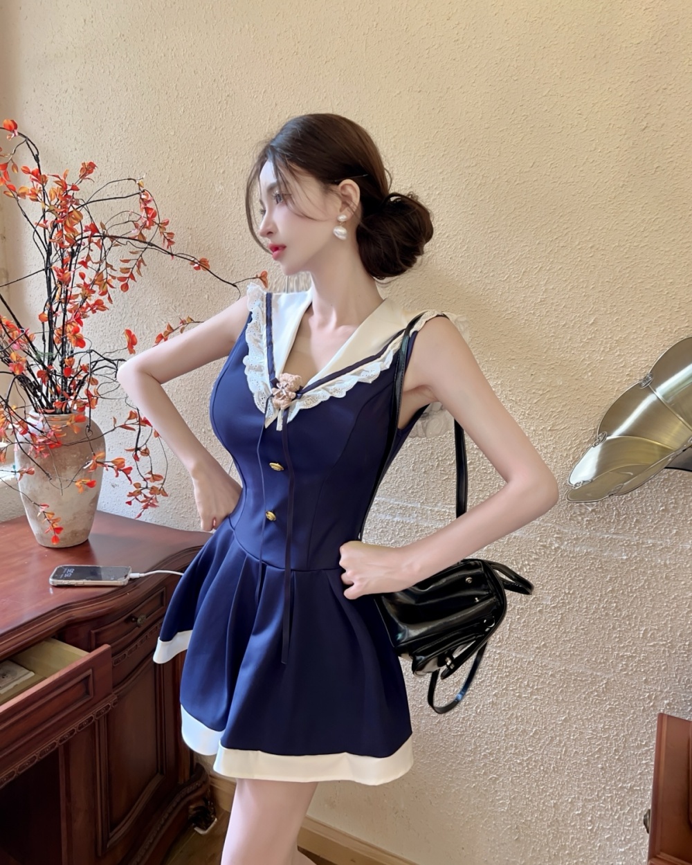 France style navy collar T-back mixed colors dress for women