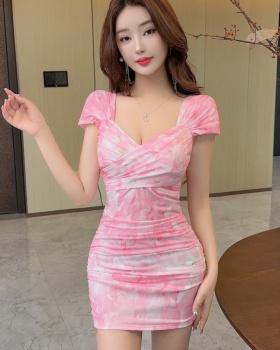 V-neck gauze slim enticement printing dress
