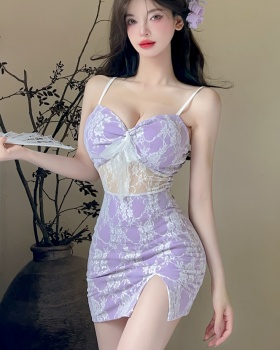 Sling lace slit short package hip bottoming sexy dress