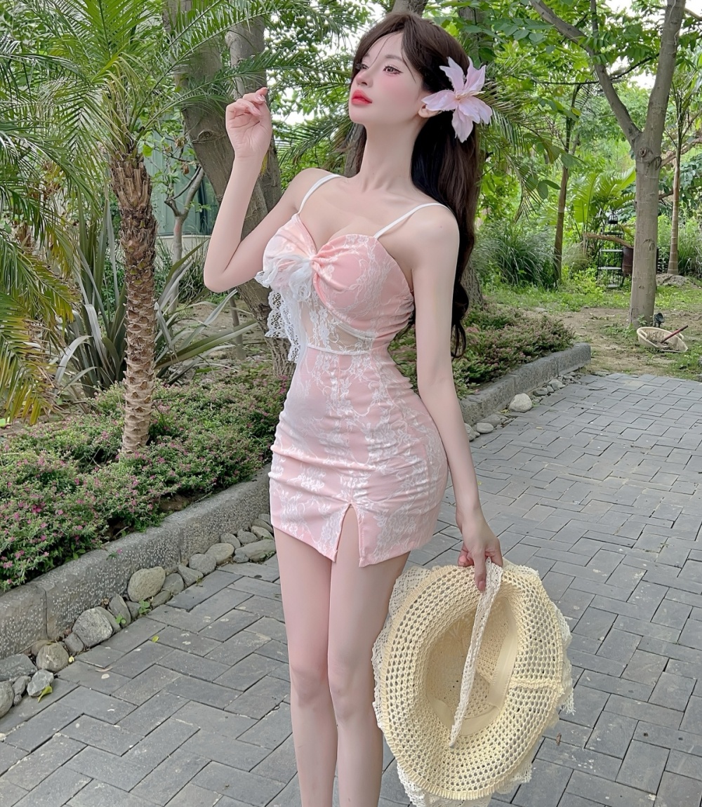 Sling lace slit short package hip bottoming sexy dress