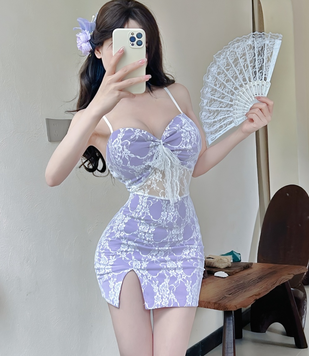 Sling lace slit short package hip bottoming sexy dress