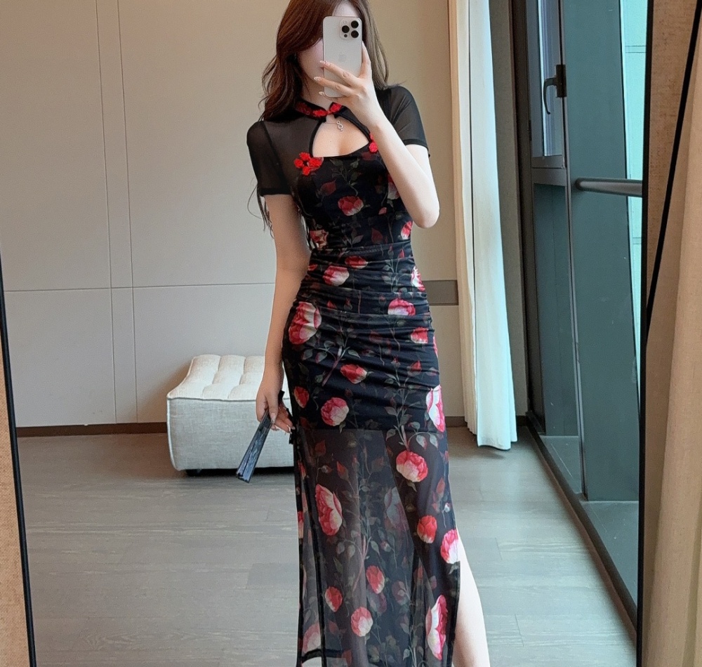 Splice hollow long dress temperament cheongsam