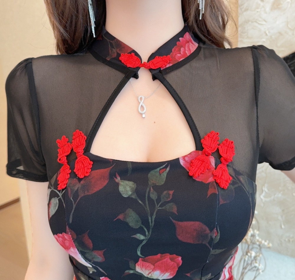 Splice hollow long dress temperament cheongsam