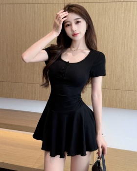 U-neck pinched waist dress short sleeve high waist T-back
