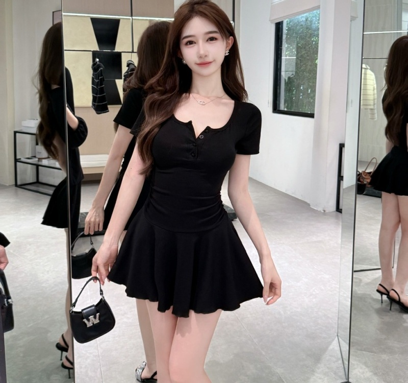 U-neck pinched waist dress short sleeve high waist T-back