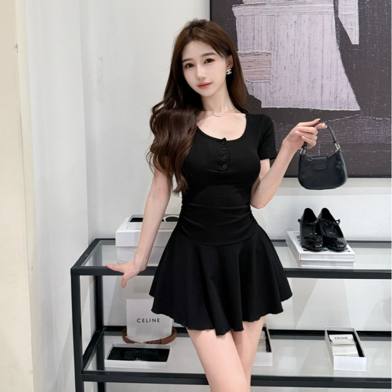 U-neck pinched waist dress short sleeve high waist T-back