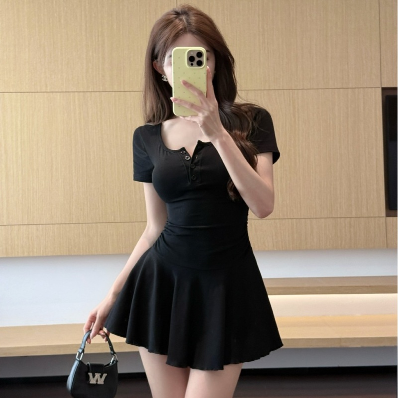 U-neck pinched waist dress short sleeve high waist T-back