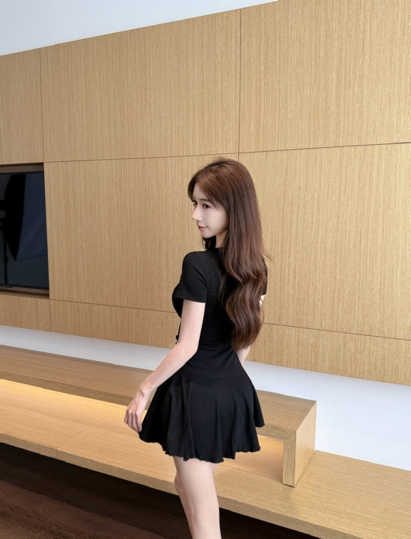 U-neck pinched waist dress short sleeve high waist T-back