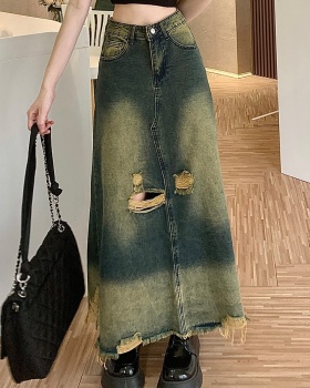 Big skirt burr holes denim skirt