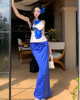 Halter red tops vacation sexy skirt 2pcs set