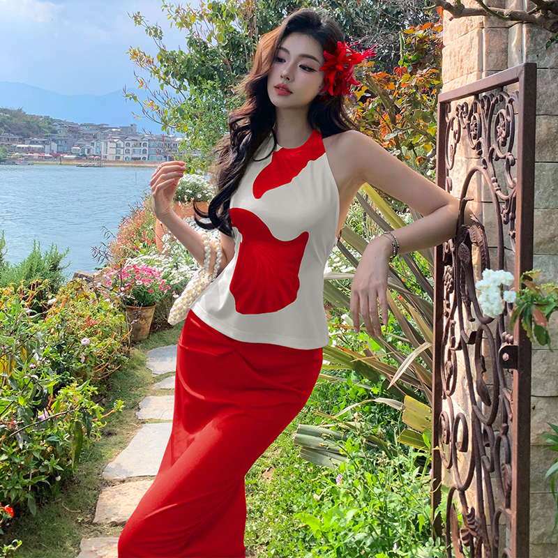 Halter red tops vacation sexy skirt 2pcs set