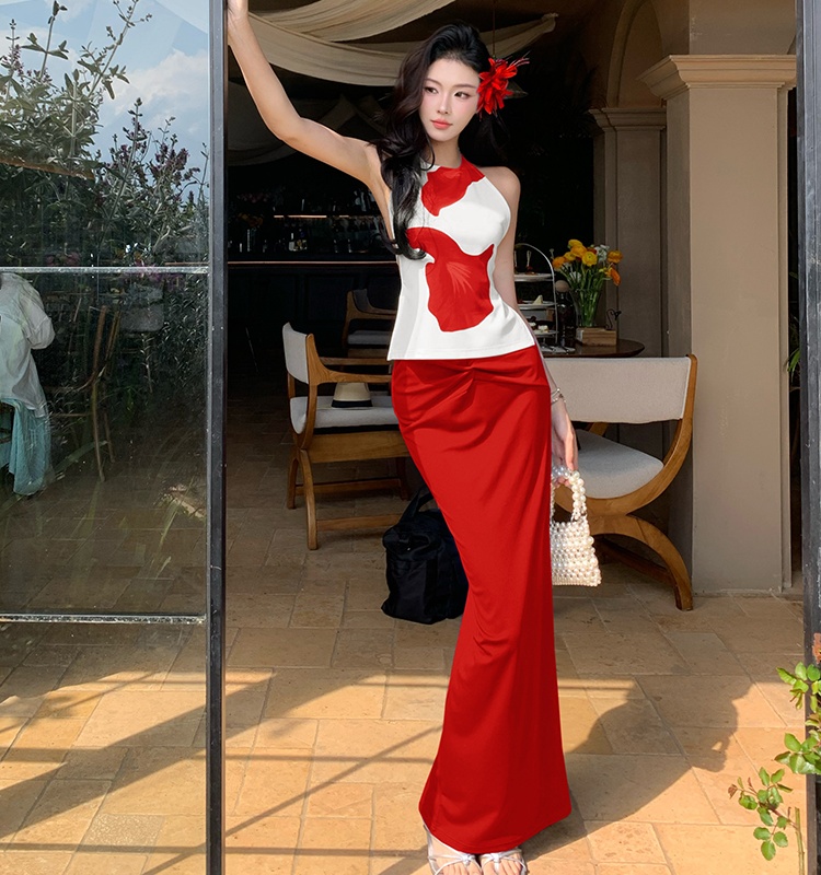 Halter red tops vacation sexy skirt 2pcs set