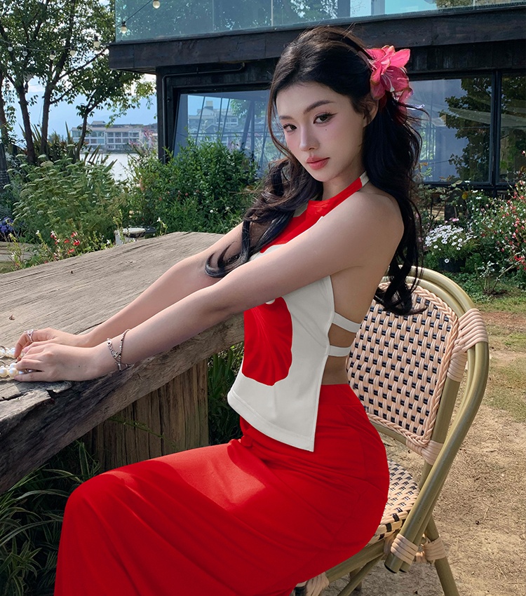 Halter red tops vacation sexy skirt 2pcs set