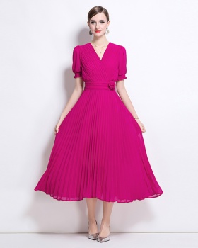 Big skirt summer temperament slim pleated pinched waist dress