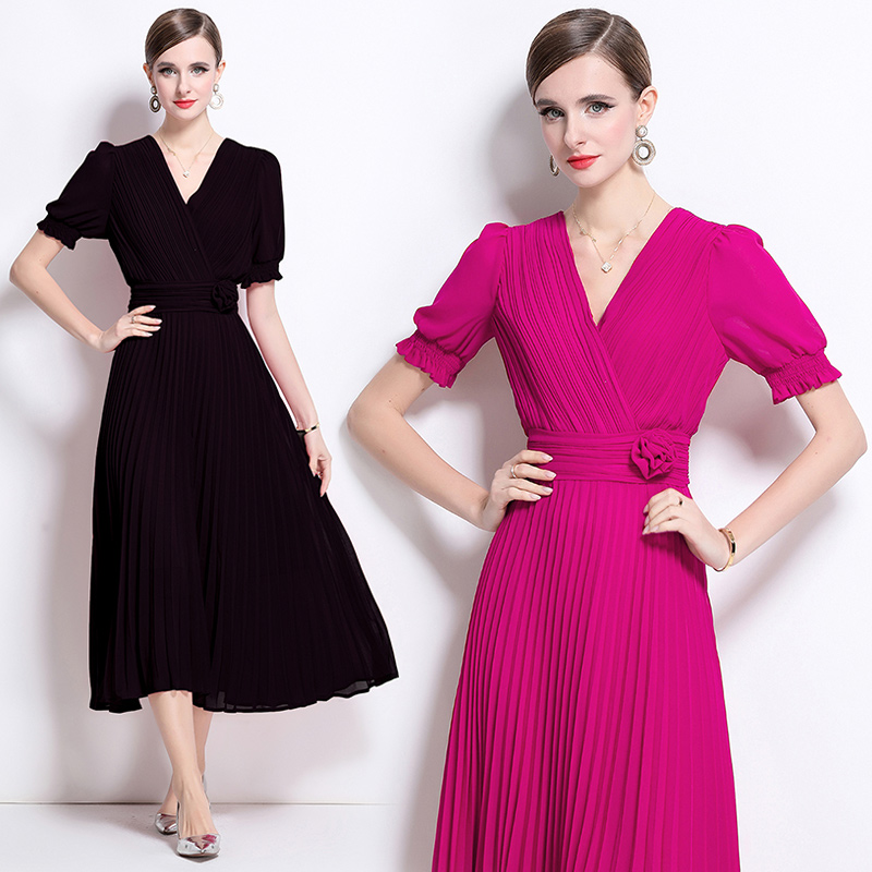 Big skirt summer temperament slim pleated pinched waist dress