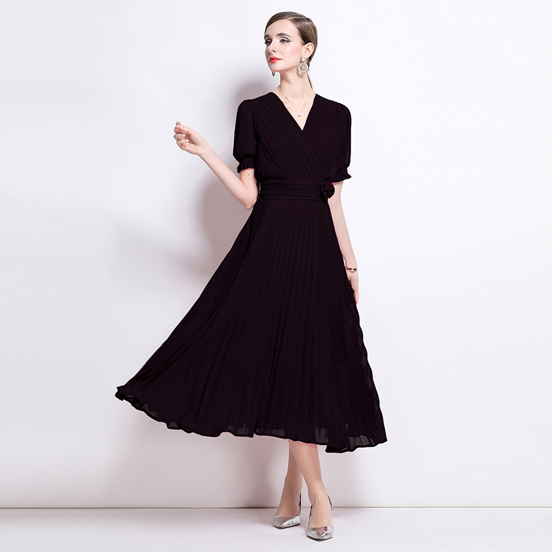 Big skirt summer temperament slim pleated pinched waist dress