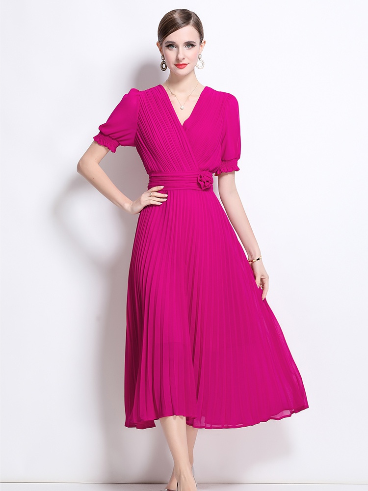 Big skirt summer temperament slim pleated pinched waist dress