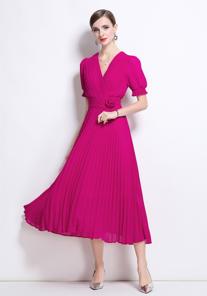 Big skirt summer temperament slim pleated pinched waist dress