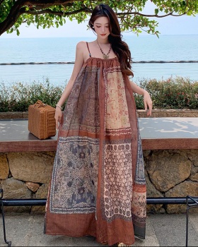 Sling irregular dress retro flower long dress