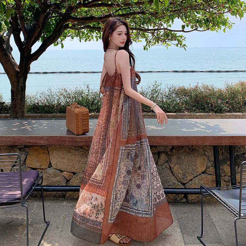 Sling irregular dress retro flower long dress