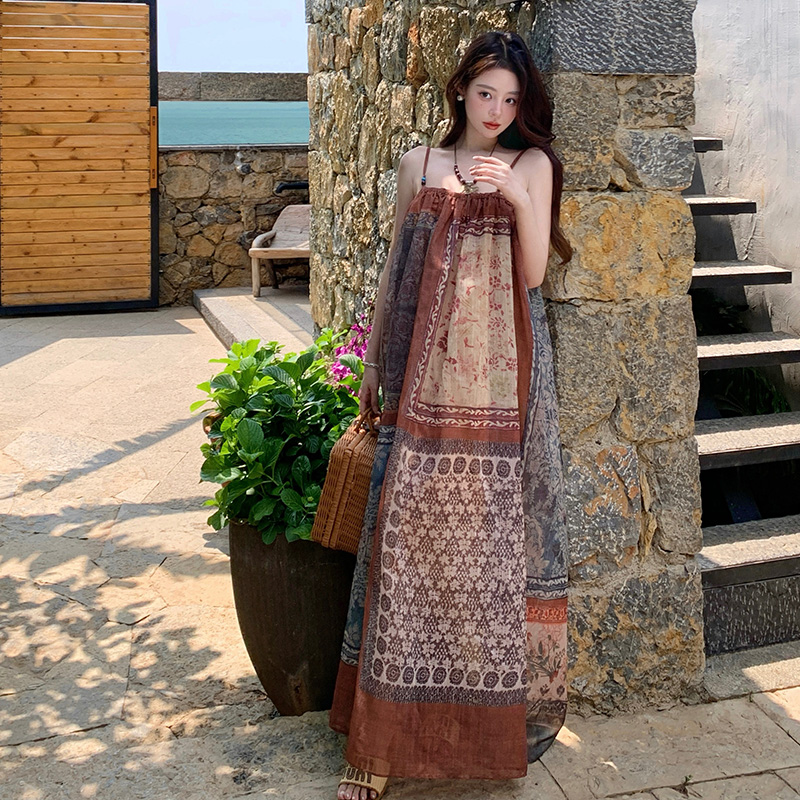 Sling irregular dress retro flower long dress