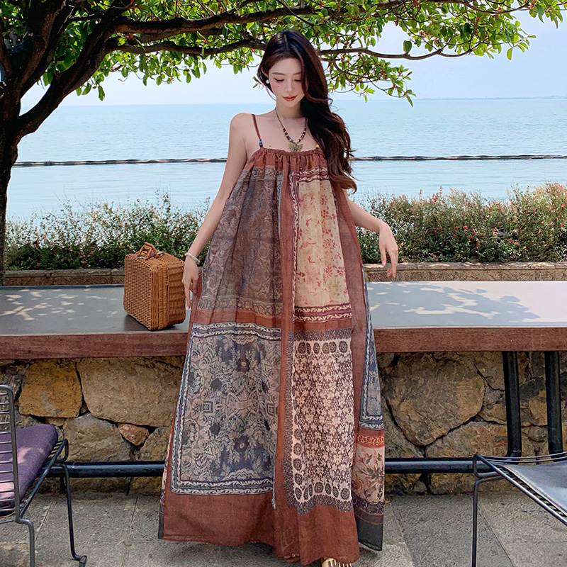 Sling irregular dress retro flower long dress