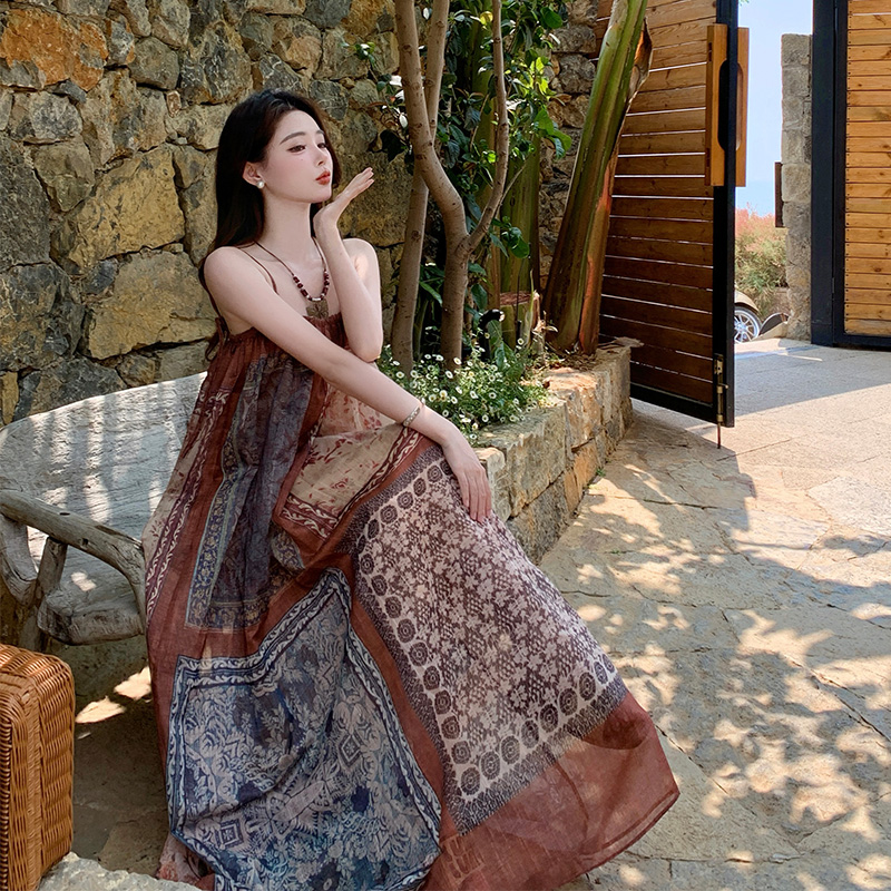 Sling irregular dress retro flower long dress