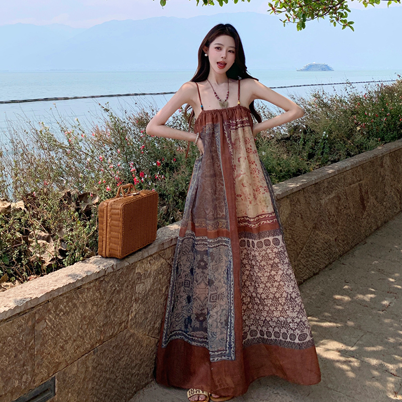 Sling irregular dress retro flower long dress