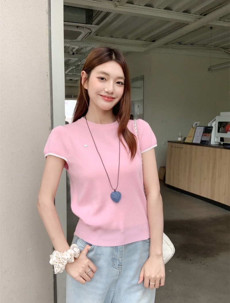 Round neck knitted tops short sleeve T-shirt
