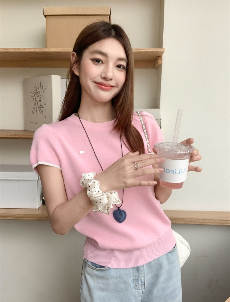 Round neck knitted tops short sleeve T-shirt