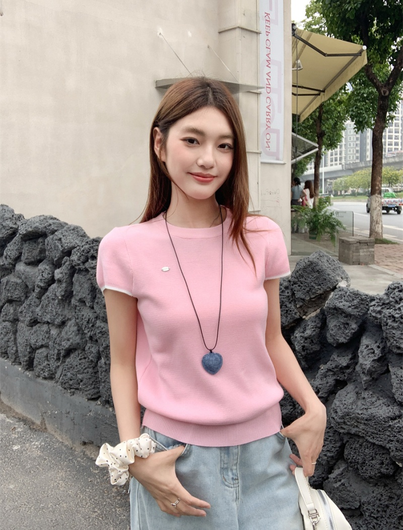 Round neck knitted tops short sleeve T-shirt