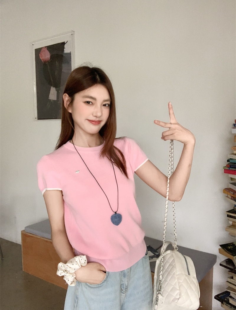 Round neck knitted tops short sleeve T-shirt
