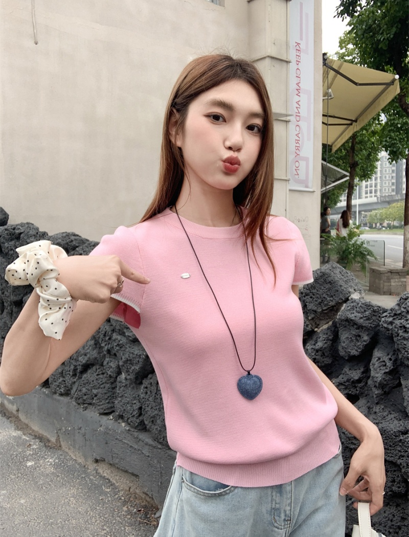 Round neck knitted tops short sleeve T-shirt