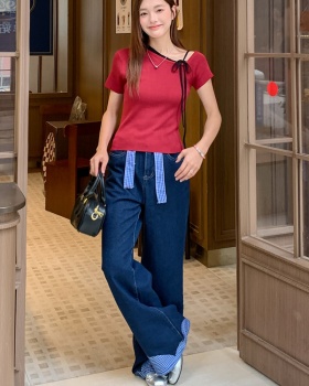 Slim irregular tops red oblique collar T-shirt a set