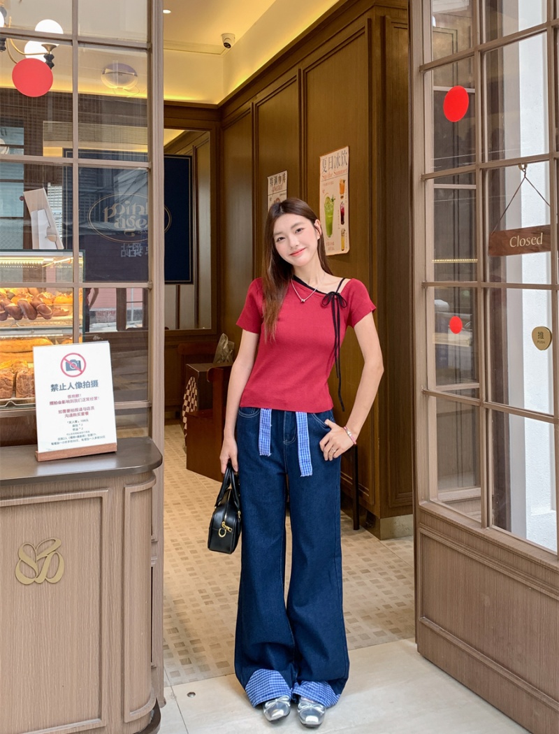 Slim irregular tops red oblique collar T-shirt a set