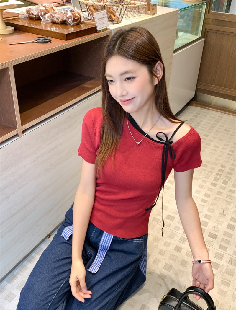 Slim irregular tops red oblique collar T-shirt a set