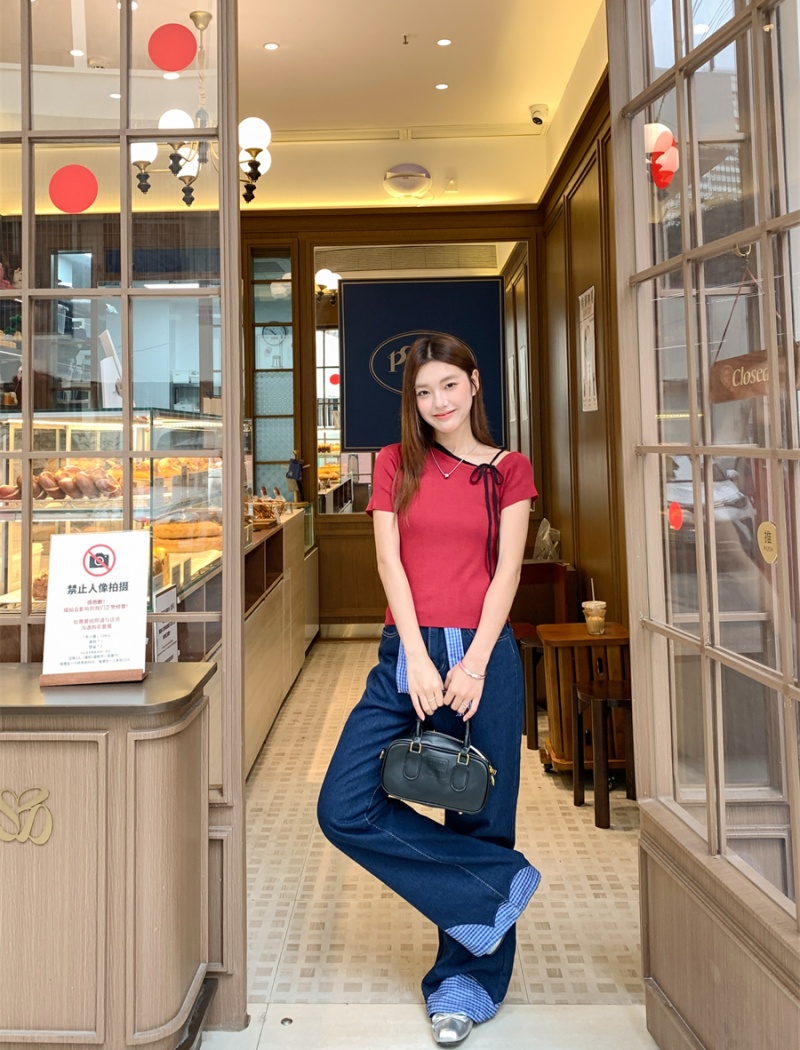 Slim irregular tops red oblique collar T-shirt a set