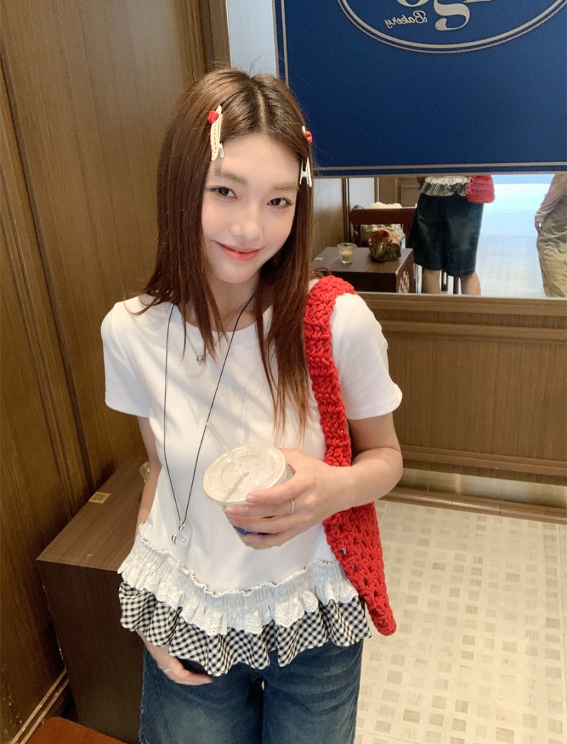 Niche lace Pseudo-two tops ballet summer T-shirt