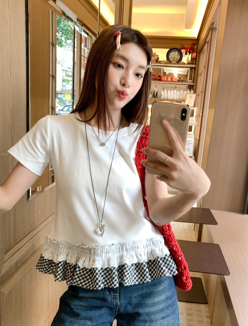 Niche lace Pseudo-two tops ballet summer T-shirt