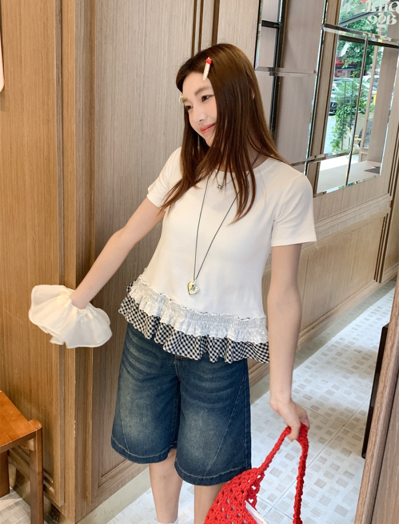 Niche lace Pseudo-two tops ballet summer T-shirt