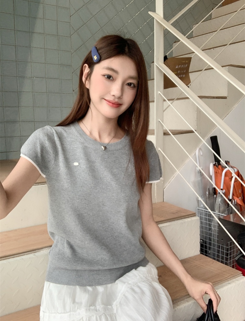 Short sleeve knitted tops round neck T-shirt a set