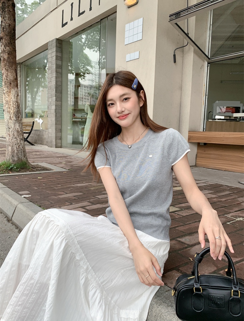 Short sleeve knitted tops round neck T-shirt a set