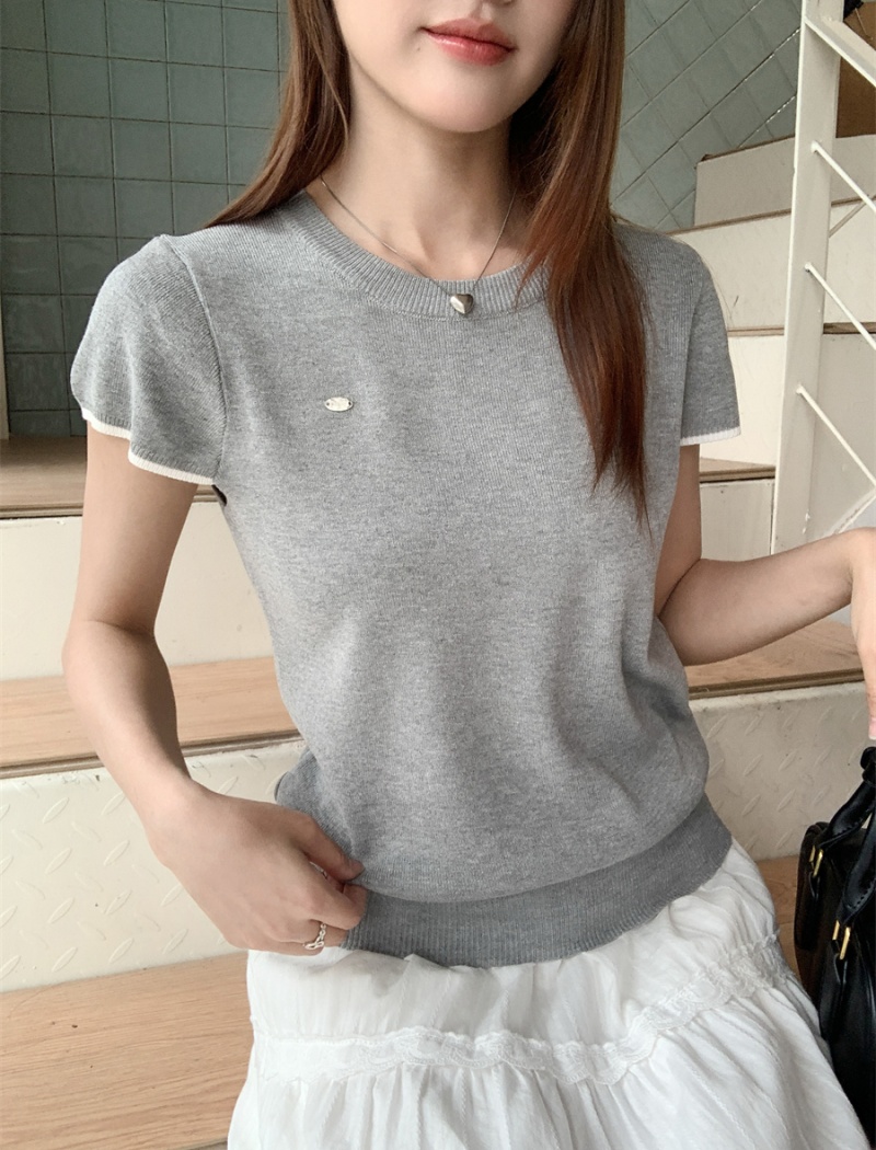 Short sleeve knitted tops round neck T-shirt a set