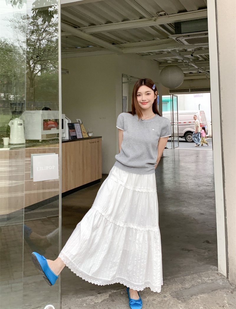 Short sleeve knitted tops round neck T-shirt a set